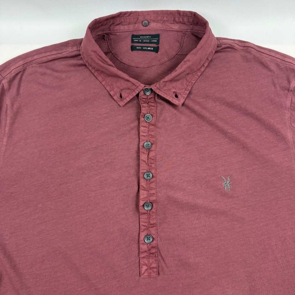 AllSaints Saints SS Polo Shirt Mens XXL Oxblood Burgundy Cotton MTJ602 Ramskull - Picture 3 of 11